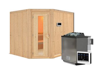 Systemsauna Malin mit isolierter Holztür Tür SET mit Ofen 9kW Bio ext. Strg Easy 2310x1960x1980mm