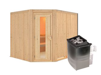 Systemsauna Malin mit isolierter Holztür Tür SET mit Ofen 9kW integr. Strg 2310x1960x1980mm
