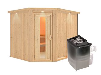 Systemsauna Malin mit isolierter Holztür Tür und Kranz SET mit Ofen 9kW integr. Strg 2450x2100x2020mm