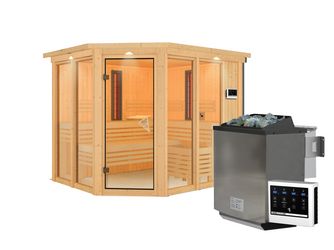 Systemsauna Multifunktionskabine Ava mit bronz. Tür und Kranz SET mit Ofen 9kW Bio ext. Strg. 2450x2100x2020mm