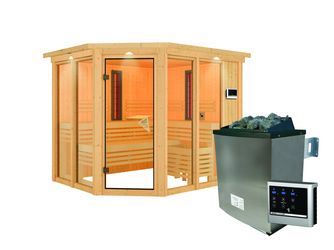 Systemsauna Multifunktionskabine Ava mit bronz. Tür und Kranz SET mit Ofen 9kW ext. Strg. 2450x2100x2020mm