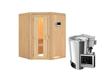 Systemsauna Nanja mit isolierter Holztür SET Ofen 3,6kW Bio-Ofen externe Strg. Easy 1510x1510x1980mm