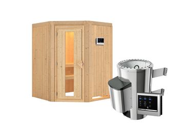 Systemsauna Nanja mit isolierter Holztür SET mit Ofen 3,6kW ext. Strg. Easy 1510x1510x1980mm