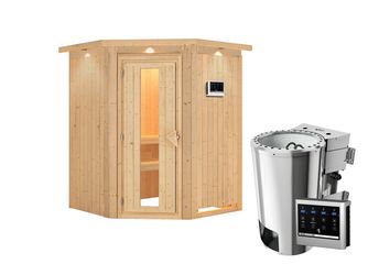 Systemsauna Nanja mit isolierter Holztür und Kranz SET Ofen 3,6kW Bio-Ofen externe Strg. Easy 1650x1650x2020mm