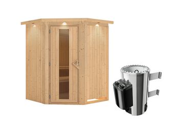 Systemsauna Nanja mit isolierter Holztür und Kranz SET Ofen 3,6kW intgr. Strg 1650x1650x2020mm