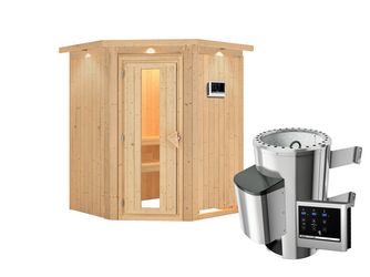 Systemsauna Nanja mit isolierter Holztür und Kranz SET mit Ofen 3,6kW ext. Strg. Easy 1650x1650x2020mm
