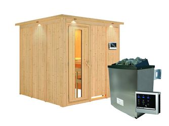 Systemsauna Rodin mit isolierter Holztür und Kranz SET mit Ofen 9kW ext. Strg Easy 2100x2100x2020mm