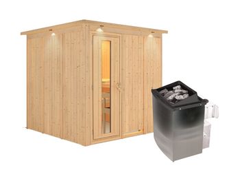 Systemsauna Rodin mit isolierter Holztür und Kranz SET mit Ofen 9kW integr. Strg 2100x2100x2020mm
