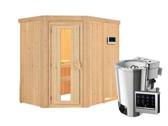 Systemsauna Saja mit isolierter Holztür SET Ofen 3,6kW Bio-Ofen externe Strg. Easy 1510x1960x1980mm