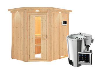 Systemsauna Saja mit isolierter Holztür und Kranz SET Ofen 3,6kW Bio-Ofen externe Strg. Easy 1650x2100x2020mm