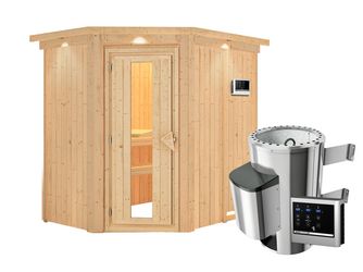 Systemsauna Saja mit isolierter Holztür und Kranz SET mit Ofen 3,6kW ext. Strg. Easy 1650x2100x2020mm