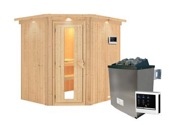 Systemsauna Siirin mit Kranz und isolierter Holztür SET mit Ofen 9kW ext. Strg Easy 2100x1840x2020mm