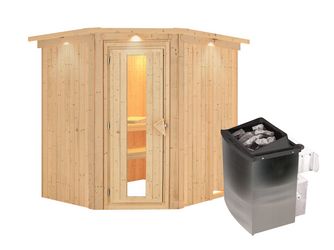 Systemsauna Siirin mit Kranz und isolierter Holztür SET mit Ofen 9kW integr. Strg 2100x1840x2020mm