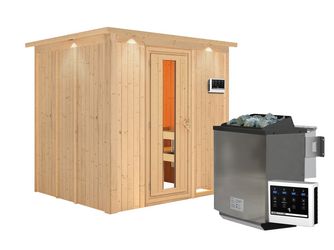 Systemsauna Sodin mit Energiespartür und Kranz SET mit Ofen 9kW Bio ext. Strg. Easy 2100x1840x2020mm