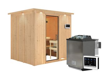 Systemsauna Sodin mit Klarglastür und Kranz SET Ofen 9kW Bio externe Strg easy 2100x1840x2020mm Systemsauna Sodin mit Klarglastür und Kranz SET Ofen 9kW Bio externe Strg easy 2100x1840x2020mm