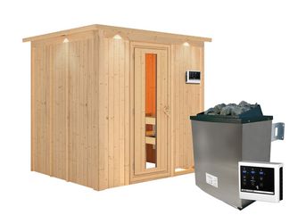Systemsauna Sodin mit isolierter Holztür und Kranz SET mit Ofen 9kW ext. Strg. Easy 2100x1840x2020mm