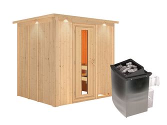 Systemsauna Sodin mit isolierter Holztür und Kranz SET mit Ofen 9kW integr. Strg 2100x1840x2020mm