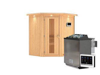 Systemsauna Taurin mit isolierter Holztür und Kranz SET mit Ofen 9kW Bio ext. Strg. Easy 1840x1650x2020mm