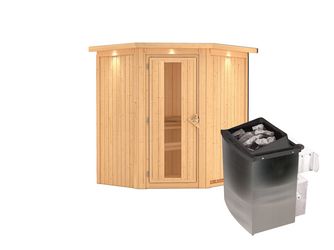 Systemsauna Taurin mit isolierter Holztür und Kranz SET mit Ofen 9kW integr. Strg. 1840x1650x2020mm