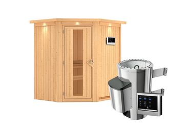 Systemsauna Tonja mit isolierter Holztür und Kranz SET mit Ofen 3,6kW ext. Strg. Easy 1840x1650x2020mm