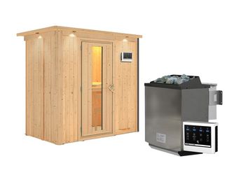 Systemsauna Variado mit isolierter Holztür und Kranz SET mit Ofen 9kW Bio ext. Strg. Easy 2100x1320x2020mm