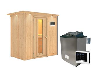 Systemsauna Variado mit isolierter Holztür und Kranz SET mit Ofen 9kW ext. Strg. Easy 2100x1320x2020mm