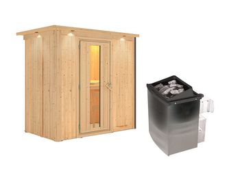 Systemsauna Variado mit isolierter Holztür und Kranz SET mit Ofen 9kW integr. Strg. 2100x1320x2020mm