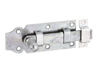 Türriegel, mit Knopf, gerade, mit Schlaufe, gelb verzinkt, Platte LxB100x44mm Türriegel, mit Knopf, gerade, mit Schlaufe, gelb verzinkt, Platte LxB100x44mm