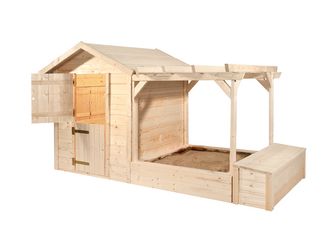 Tabaluga Spielplatz, natur, 21mm, bestehend aus Drachenhöhle, Sandkasten, Pergola und Schatztruhe mit Deckel