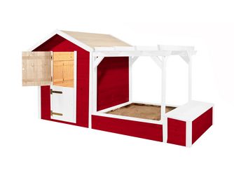Tabaluga Spielplatz, rot/weiss, 21mm, bestehend aus Drachenhöhle, Sandkasten, Pergola und Schatztruhe mit Deckel