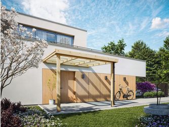 Terrassendach 3,14x3,17m NATUR Licht-Wellplatten, Holzstützen 70% PEFC-zertifiziert, Lärche