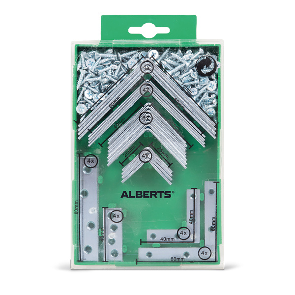 Winkel und Verbindungsbleche, galv. blau verzinkt, verpackt in Sortimentsbox