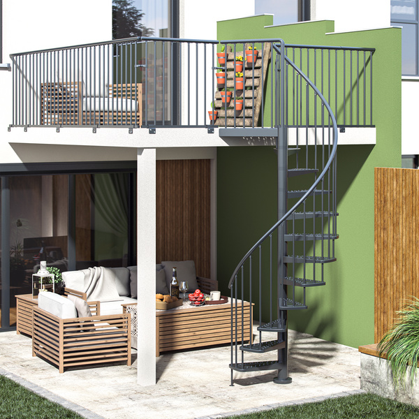 Außenspindeltreppe Gardenspin komplett Anthrazit m. 14 Stuf Metall Ø 125cm Geschossh. 307,5-352,5cm li- o rechtslfd