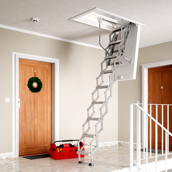 Bodentreppe clickFIX vario, Rohbaumaß 90x70cm, LeiterScherentreppe Aluminium, 9 Stufen LH 239-266cm