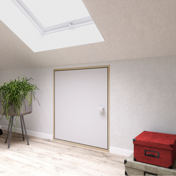 Kniestocktüren 11,5 cm Türrahmen aus Fichte, Tür CPL Platte, U-Wert 0,65, weiß lasiert Deckenöffnung 80 x 56 cm