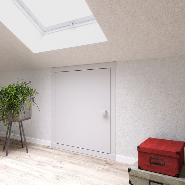 Kniestocktüren 11,5 cm Türrahmen aus Fichte, Tür CPL Platte, U-Wert 0,65, weiß lasiert Deckenöffnung 80 x 56 cm