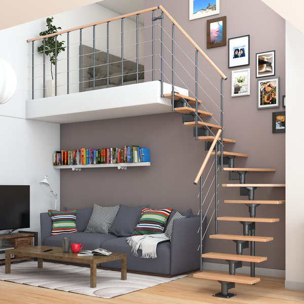 Mittelholmtreppe Boston, + Einzelstabgel., 11 Stufen Buche Treppenl 1/4gew. Metallkomp anthrazit