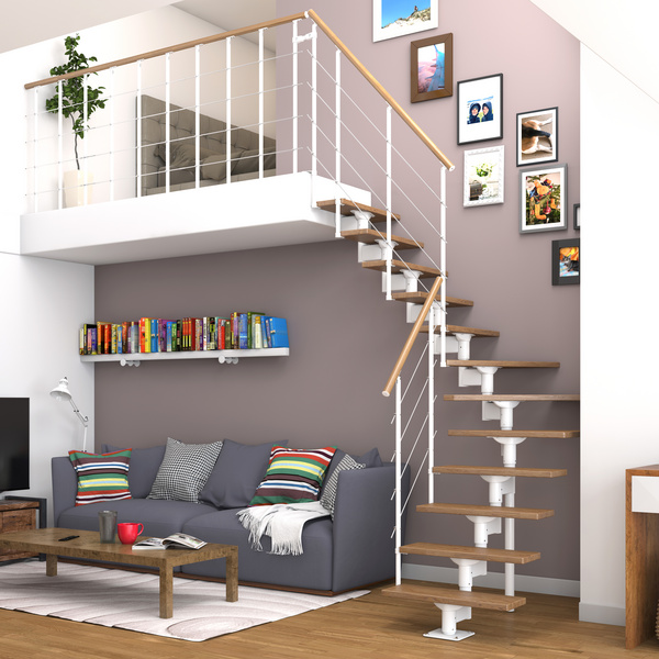Mittelholmtreppe Boston, + Einzelstabgel., 11 Stufen Eiche Treppenl 1/4gew. Metallkomp weiß