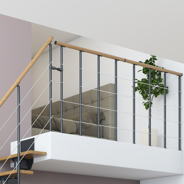 Brüstungsgeländer f. Mittelholmtreppe Boston, Starter-Se, 100cm Handlauf Eiche Metallkomp anthrazit