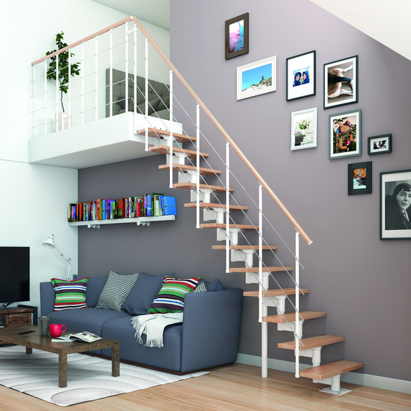 Mittelholmtreppe Boston, + Einzelstabgel., 11 Stufen Buche Treppenl gerade Metallkomp weiß