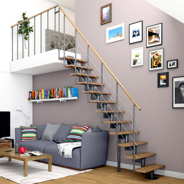 Mittelholmtreppe Boston, + Einzelstabgel., 11 Stufen Eiche Treppenl gerade Metallkomp anthrazit