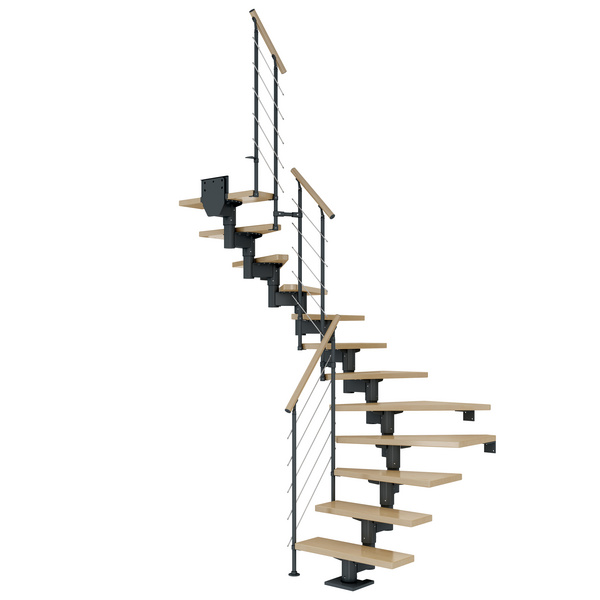 Mittelholmtreppe Cork + Edelstahlgeländer, 13 Stufen Ahorn, 75cm Treppenl 1/2gewend. Metallkomp anthrazit