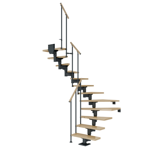 Mittelholmtreppe Cork + Einzelstabgel., 11 Stufen Ahorn, 75cm Treppenl 1/2gewend. Metallkomp anthrazit
