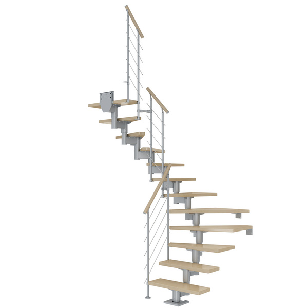 Mittelholmtreppe Cork + Edelstahlgeländer, 14 Stufen Ahorn, 75cm Treppenl 1/2gewend. Metallkomp perlgrau