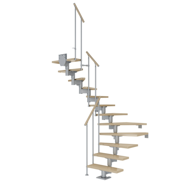 Mittelholmtreppe Cork + Einzelstabgel., 11 Stufen Ahorn, 75cm Treppenl 1/2gewend. Metallkomp perlgrau