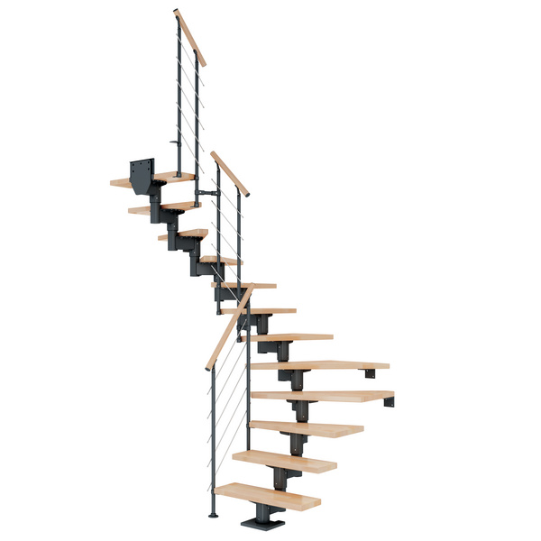 Mittelholmtreppe Cork + Edelstahlgeländer, 13 Stufen Buche 75cm Treppenl 1/2gewend. Metallkomp anthrazit