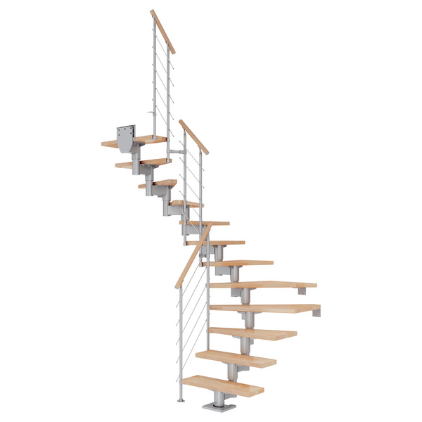 Mittelholmtreppe Cork + Edelstahlgeländer, 13 Stufen Buche 75cm Treppenl 1/2gewend. Metallkomp perlgrau