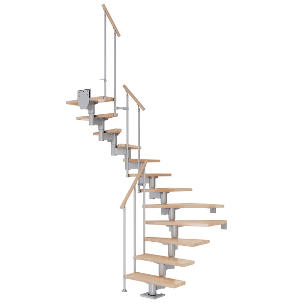 Mittelholmtreppe Cork + Einzelstabgel., 14 Stufen Buche 75cm Treppenl 1/2gewend. Metallkomp perlgrau