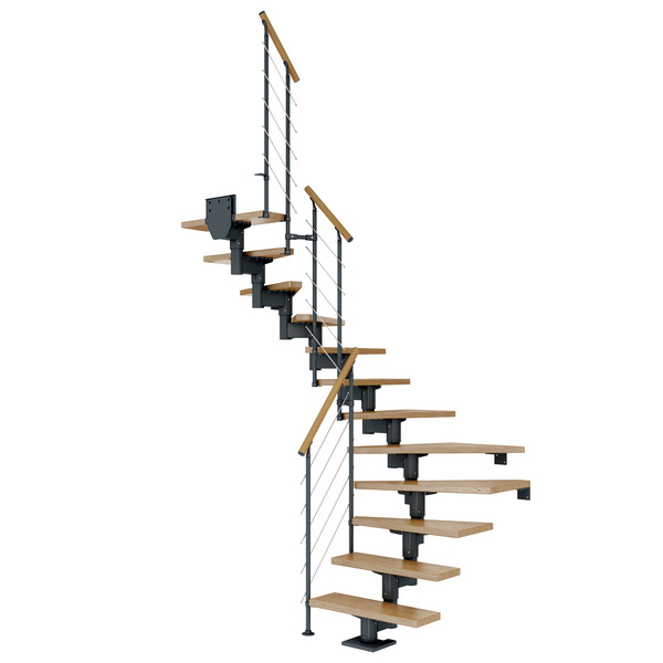 Mittelholmtreppe Cork + Edelstahlgeländer, 12 Stufen Eiche 75cm Treppenl 1/2gewend. Metallkomp anthrazit