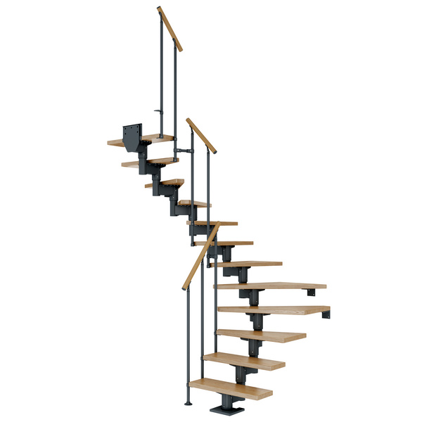 Mittelholmtreppe Cork + Einzelstabgel., 12 Stufen Eiche 75cm Treppenl 1/2gewend. Metallkomp anthrazit